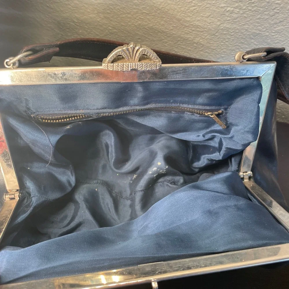 Vintage Granny Frame Handbag Purse Blue Leather Silver tone Ornate Clasp Bag